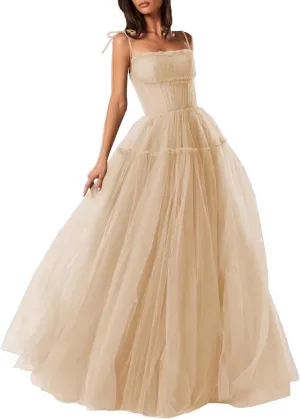 Spaghetti Straps Prom Dresses Tulle Long Formal Evening Party Gowns for Women Backless Bridesmaid Dress A-Line