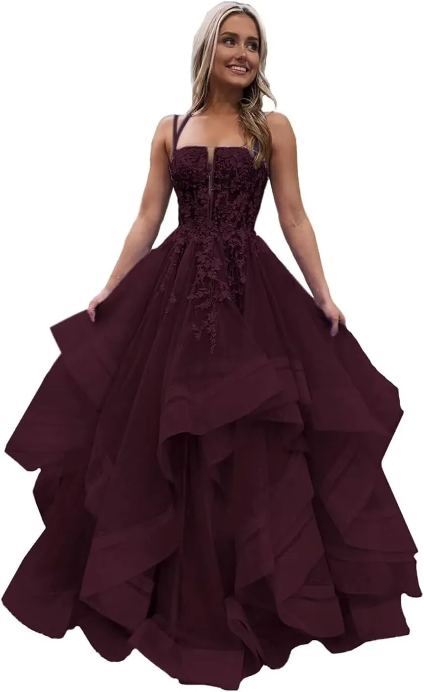 Spaghetti Straps Tulle Prom Dresses for Women Laces Ruffle Sparkly Tulle Formal Evening Gown ZX58