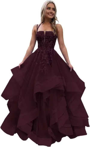 Spaghetti Straps Tulle Prom Dresses for Women Laces Ruffle Sparkly Tulle Formal Evening Gown ZX58