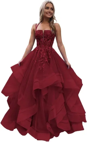 Spaghetti Straps Tulle Prom Dresses for Women Laces Ruffle Sparkly Tulle Formal Evening Gown ZX58