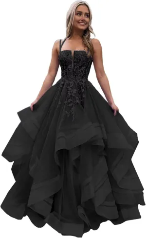 Spaghetti Straps Tulle Prom Dresses for Women Laces Ruffle Sparkly Tulle Formal Evening Gown ZX58