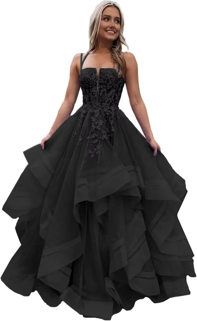 Spaghetti Straps Tulle Prom Dresses for Women Laces Ruffle Sparkly Tulle Formal Evening Gown ZX58