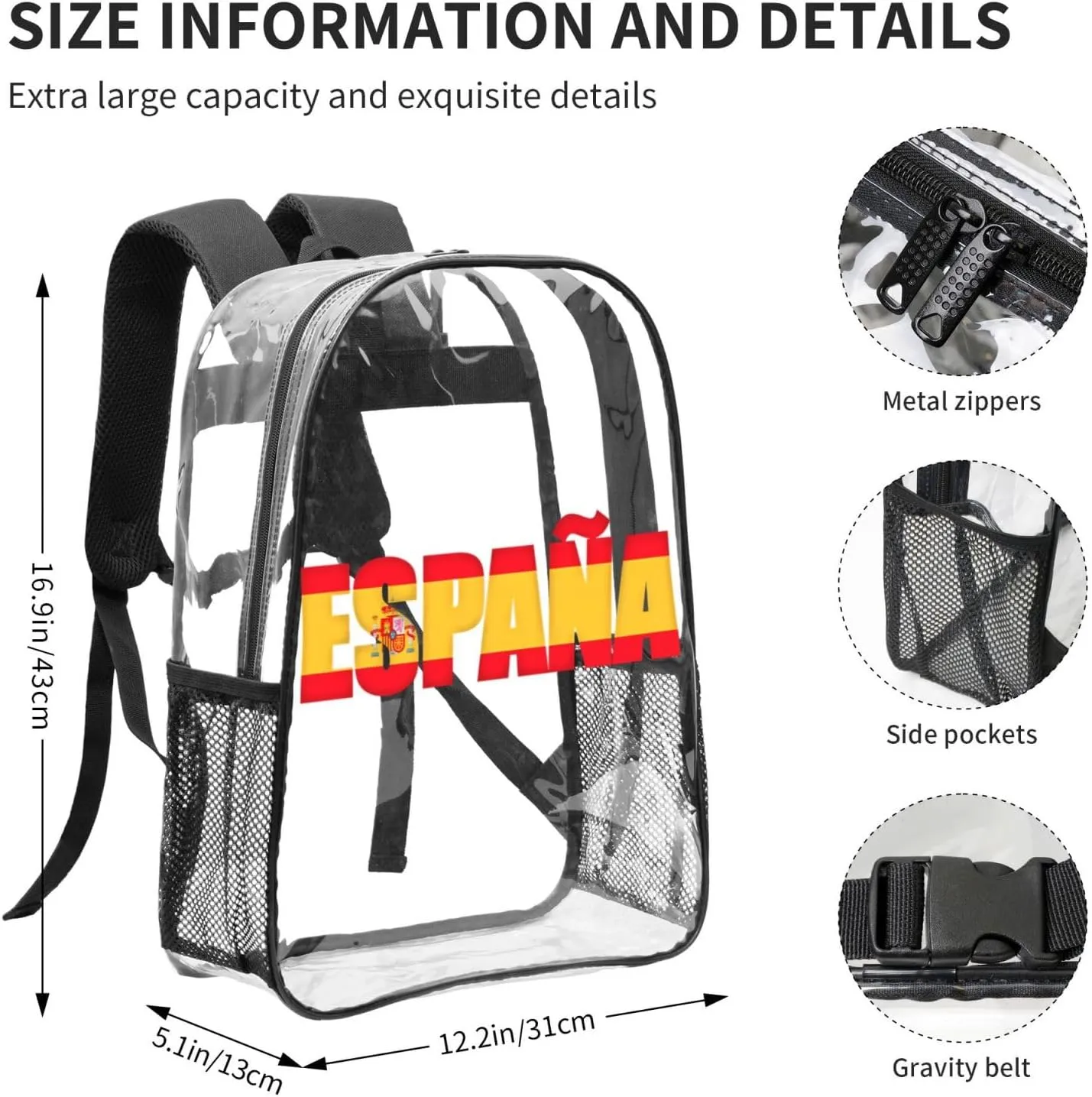 Spain Spanish Espana Flag 16 Inch Clear PVC Backpacks Transparent Backpack Multipurpose Double Shoulder Bag for Men Women Gifts