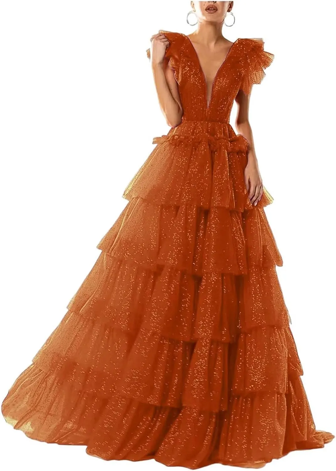 Sparkley Tulle Prom Dress Tiered V Neck Ball Gowns Long Puffy Formal Evening Gowns