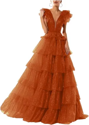 Sparkley Tulle Prom Dress Tiered V Neck Ball Gowns Long Puffy Formal Evening Gowns