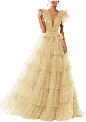 Sparkley Tulle Prom Dress Tiered V Neck Ball Gowns Long Puffy Formal Evening Gowns