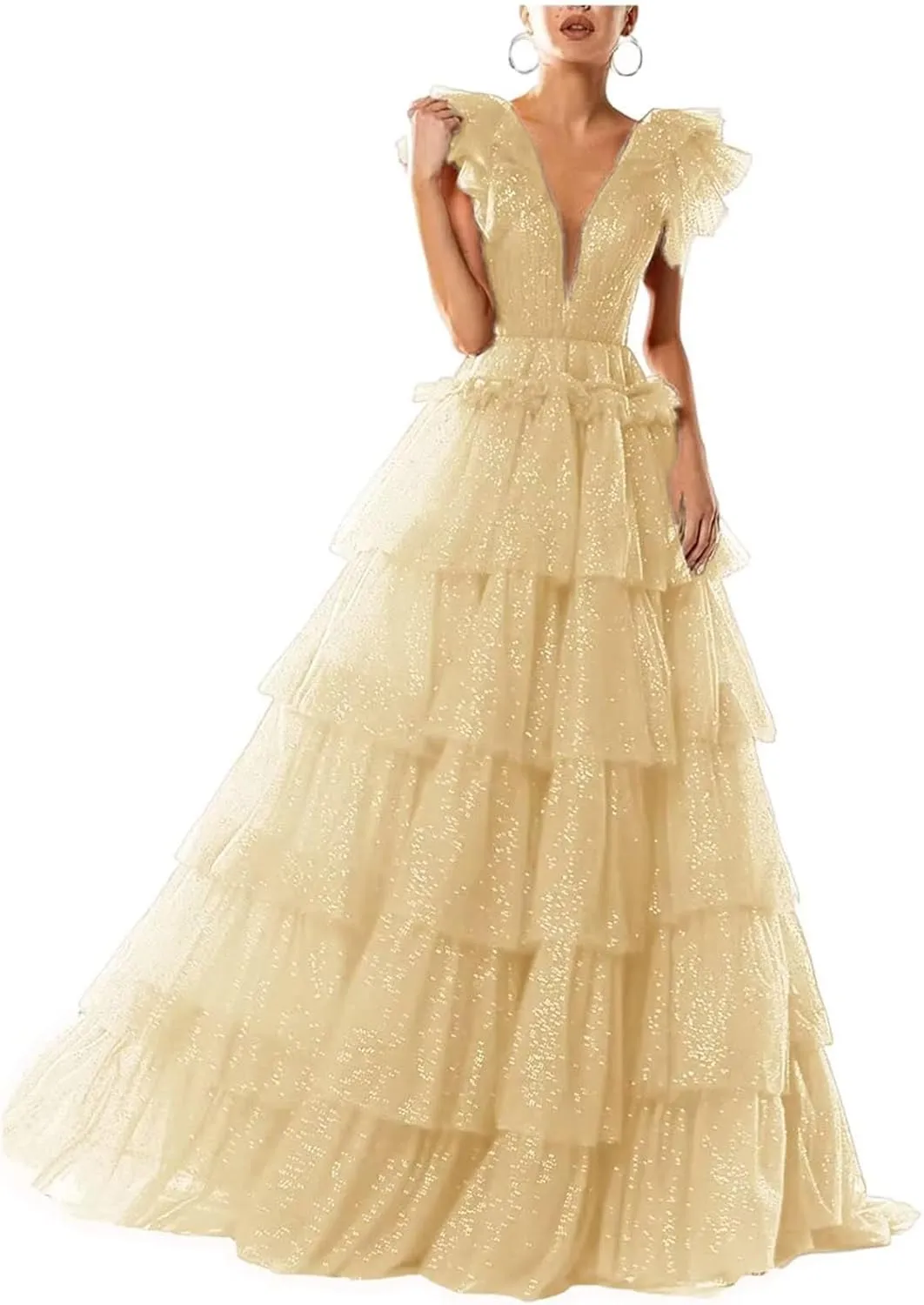 Sparkley Tulle Prom Dress Tiered V Neck Ball Gowns Long Puffy Formal Evening Gowns