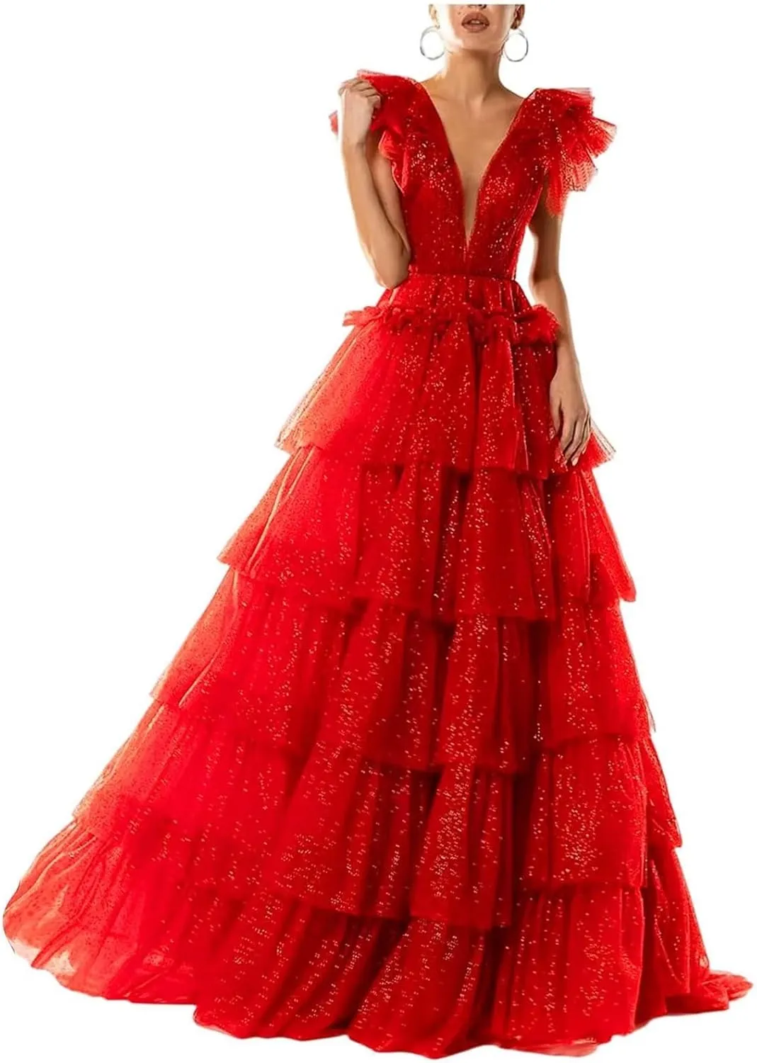 Sparkley Tulle Prom Dress Tiered V Neck Ball Gowns Long Puffy Formal Evening Gowns