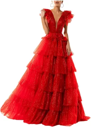 Sparkley Tulle Prom Dress Tiered V Neck Ball Gowns Long Puffy Formal Evening Gowns