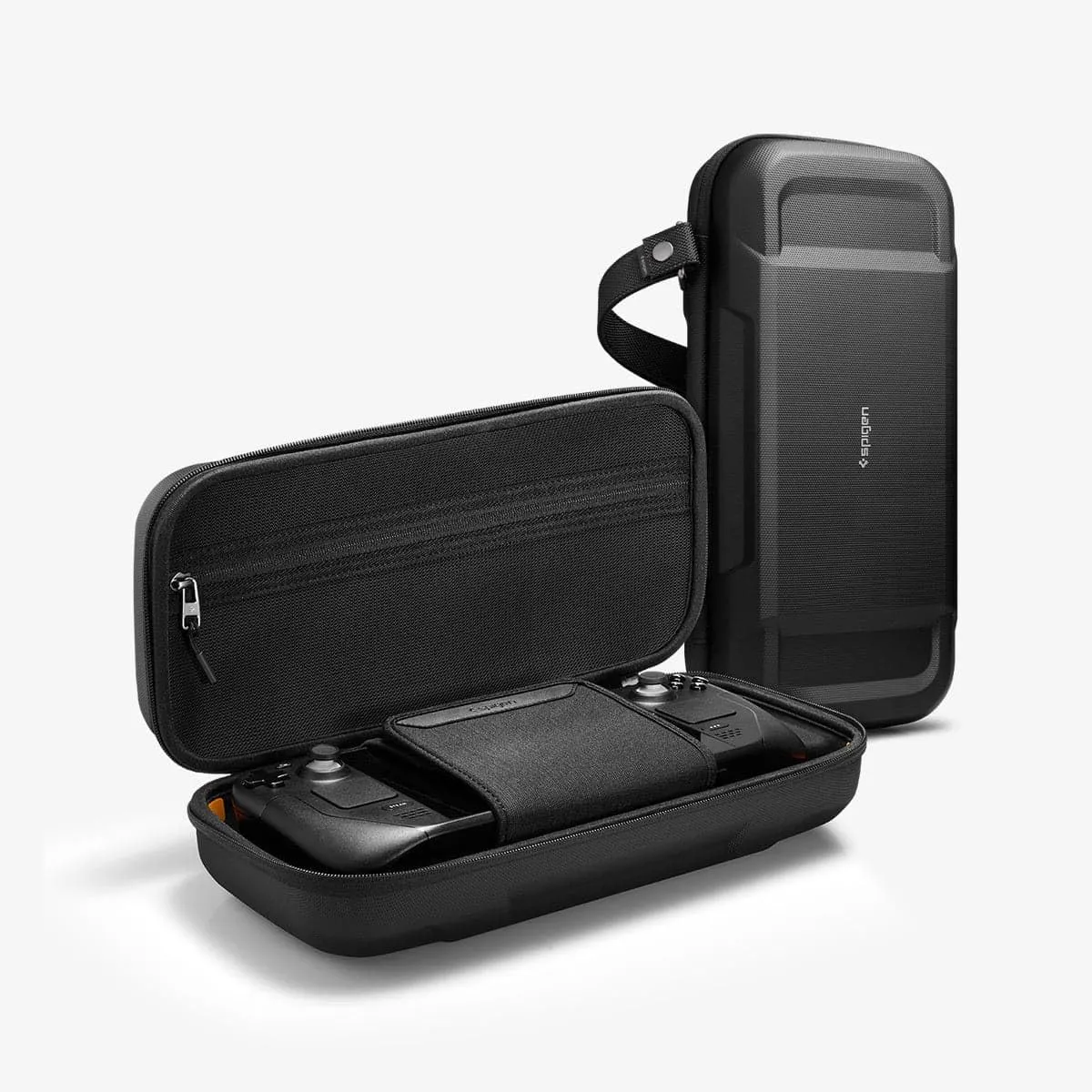 Spigen Rugged Armor Pro Designed for Steam Deck LCD (2022) / Steam Deck OLED (2023) Hard Shell Travel Carrying Case with Pockets for Accessories and Original Charger Storage Bag Carry Case - Black