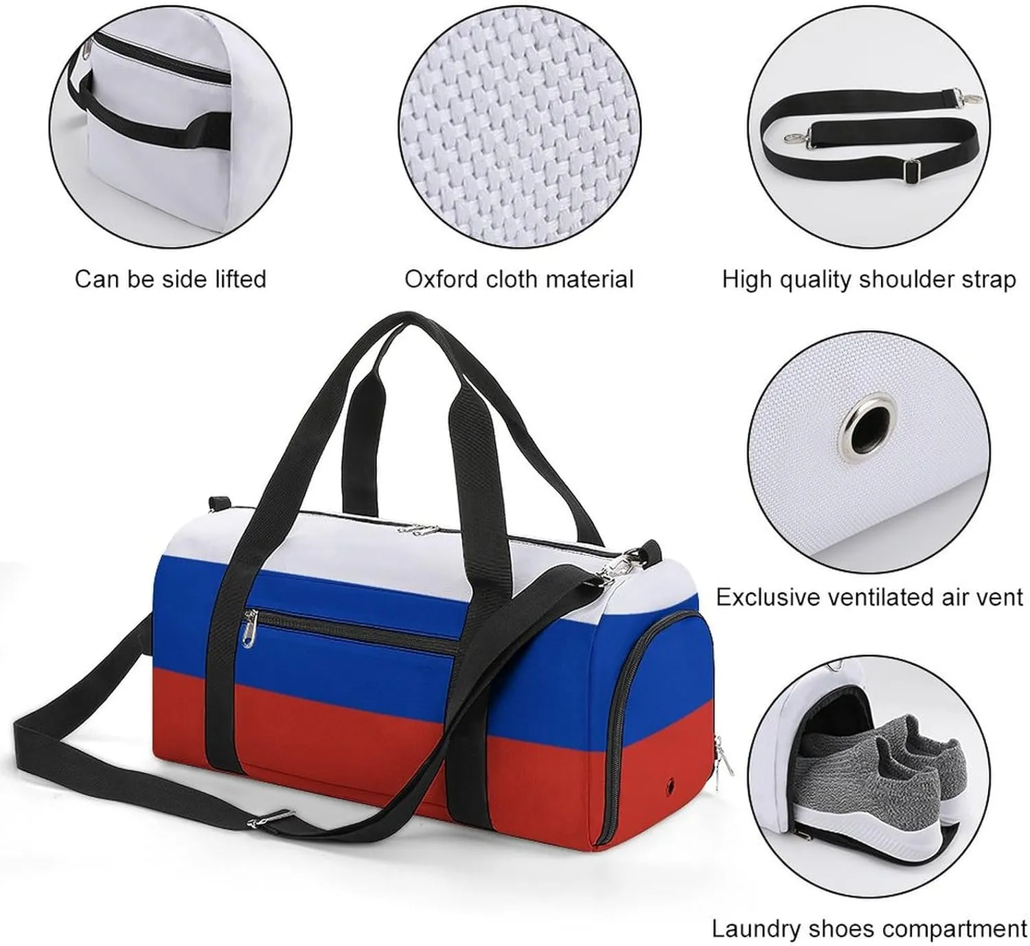 Sports Duffel Bag with Russia Flag for Men Women Shoe Compartment Weekender