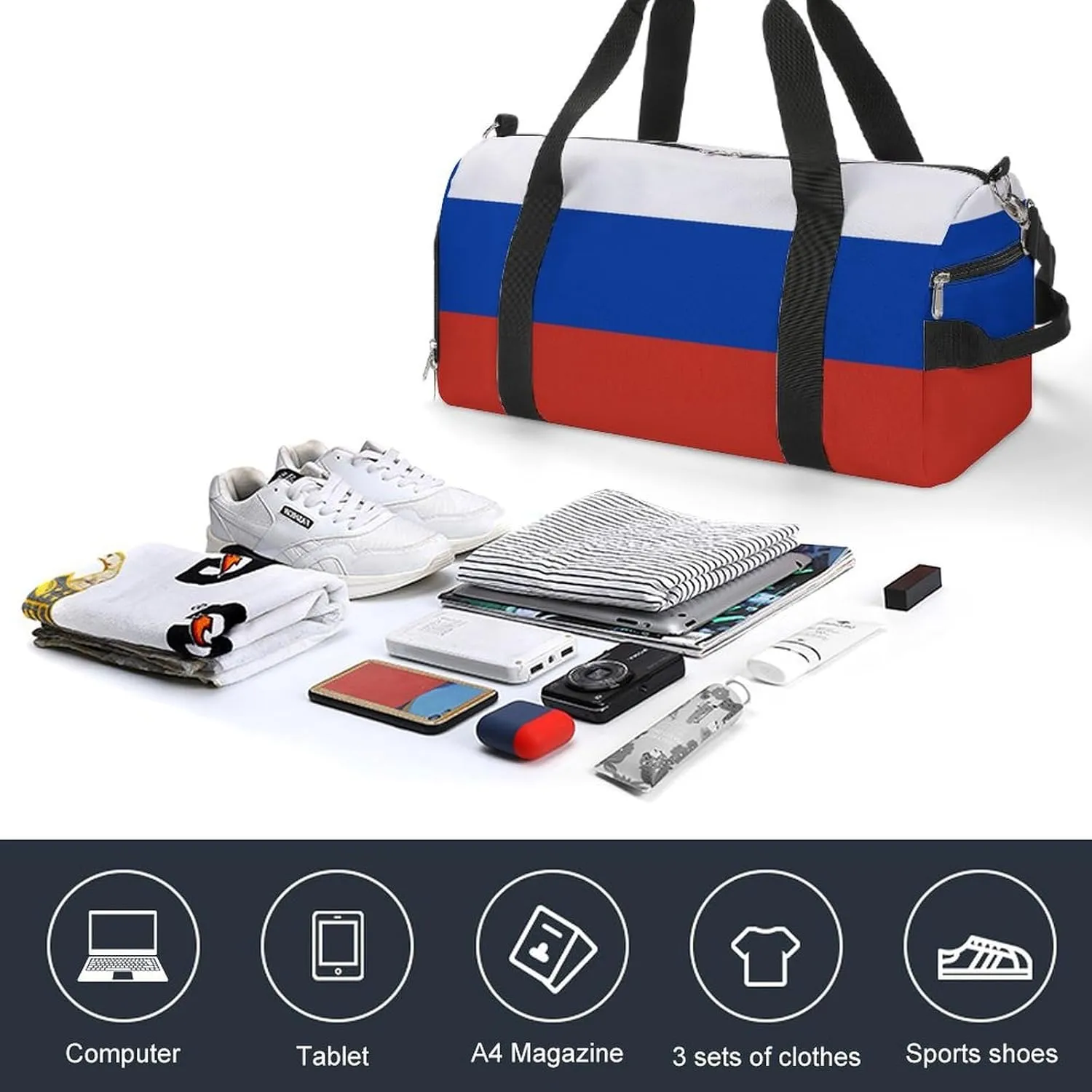 Sports Duffel Bag with Russia Flag for Men Women Shoe Compartment Weekender