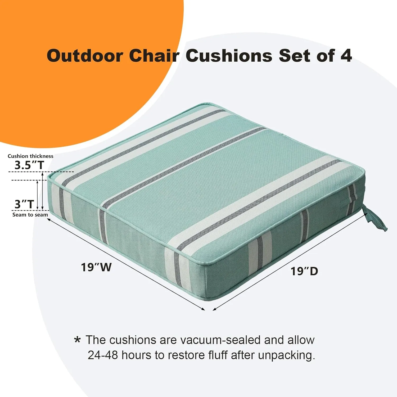 Square Corner Seat Cushions, 19" x 19" x 3", Set of 4, Indoor Outdoor Waterproof Weather Resistant Universal Chair Pads with Ties for Patio Furniture, Garden Deck Dining Chairs, Aqua Stripe