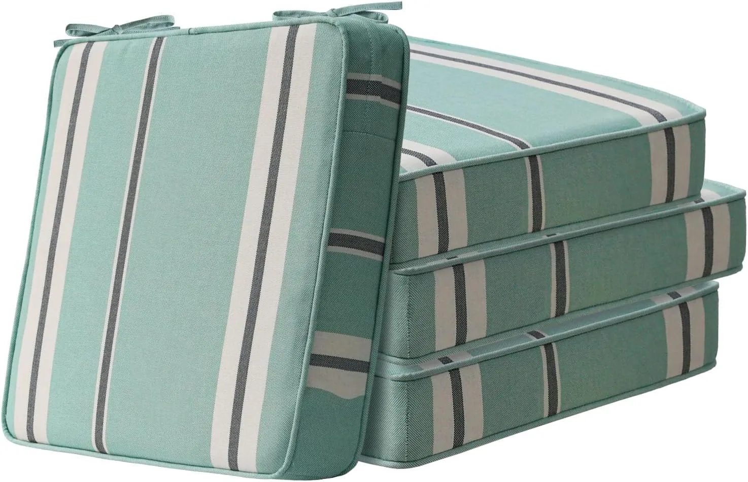 Square Corner Seat Cushions, 19" x 19" x 3", Set of 4, Indoor Outdoor Waterproof Weather Resistant Universal Chair Pads with Ties for Patio Furniture, Garden Deck Dining Chairs, Aqua Stripe