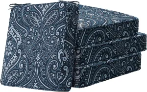 Square Corner Seat Cushions, 19" x 19" x 3", Set of 4, Indoor Outdoor Waterproof Weather Resistant Universal Chair Pads with Ties for Patio Furniture, Garden Deck Dining Chairs, Damask Blue Flower