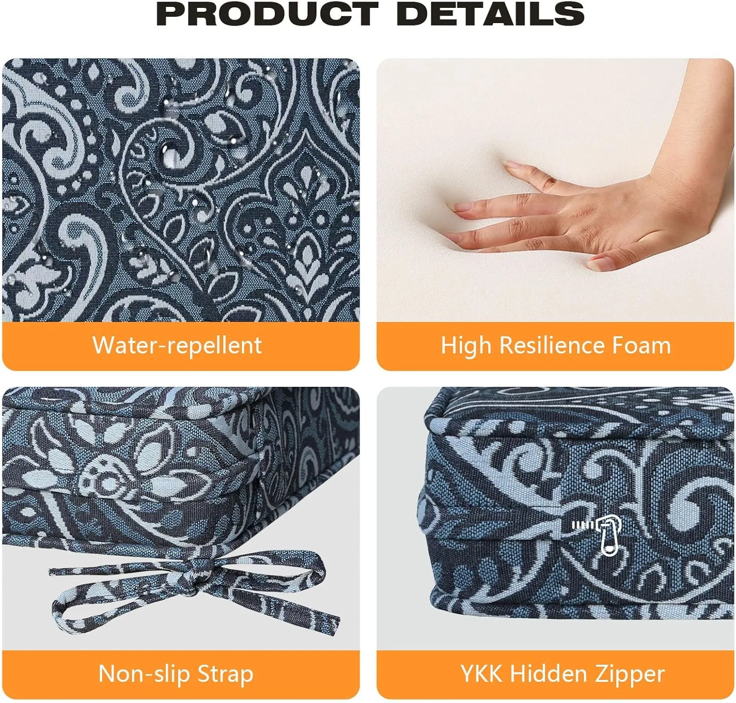 Square Corner Seat Cushions, 19" x 19" x 3", Set of 4, Indoor Outdoor Waterproof Weather Resistant Universal Chair Pads with Ties for Patio Furniture, Garden Deck Dining Chairs, Damask Blue Flower