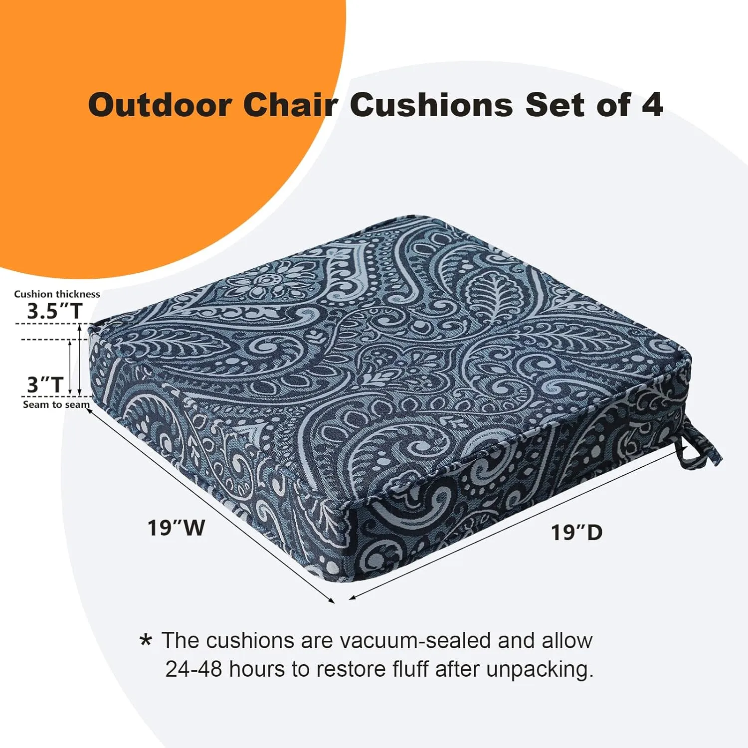 Square Corner Seat Cushions, 19" x 19" x 3", Set of 4, Indoor Outdoor Waterproof Weather Resistant Universal Chair Pads with Ties for Patio Furniture, Garden Deck Dining Chairs, Damask Blue Flower