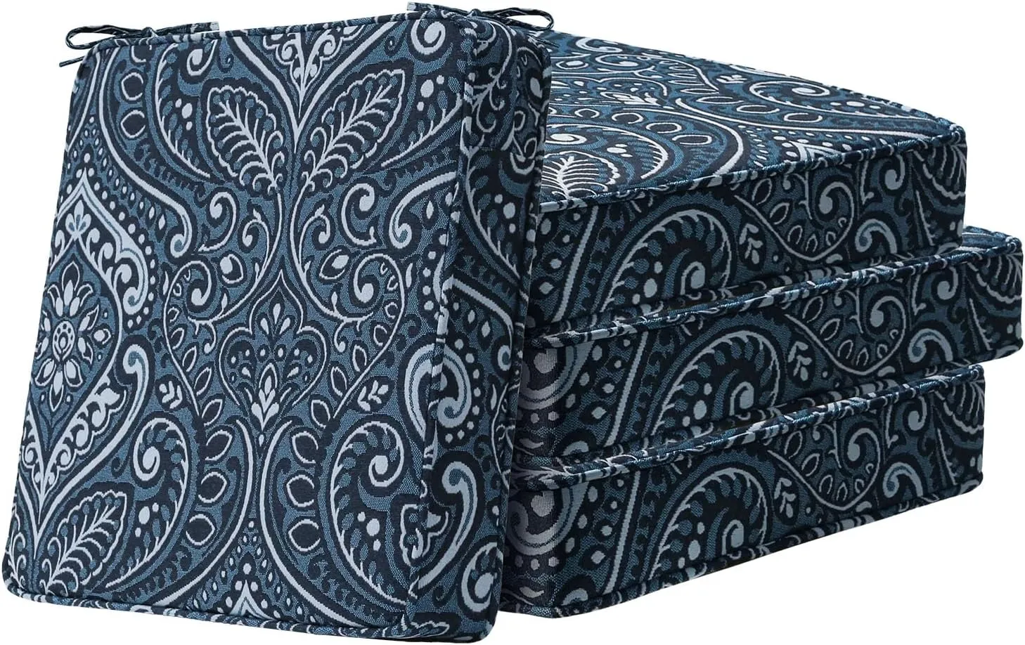 Square Corner Seat Cushions, 19" x 19" x 3", Set of 4, Indoor Outdoor Waterproof Weather Resistant Universal Chair Pads with Ties for Patio Furniture, Garden Deck Dining Chairs, Damask Blue Flower