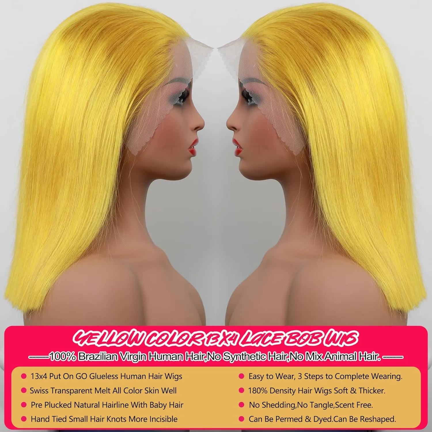 Straight Lace Front Bob Wig Human Hair Yellow Color 13x4 Short Straight Lace Bob Human Hair Wigs Pre Plucked With Baby Hair 180% Density Glueless Lace Bob Wig Invisible Small Hair Knots 10 Inch