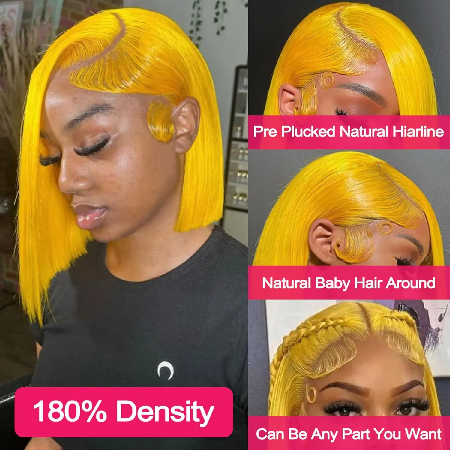 Straight Lace Front Bob Wig Human Hair Yellow Color 13x4 Short Straight Lace Bob Human Hair Wigs Pre Plucked With Baby Hair 180% Density Glueless Lace Bob Wig Invisible Small Hair Knots 10 Inch