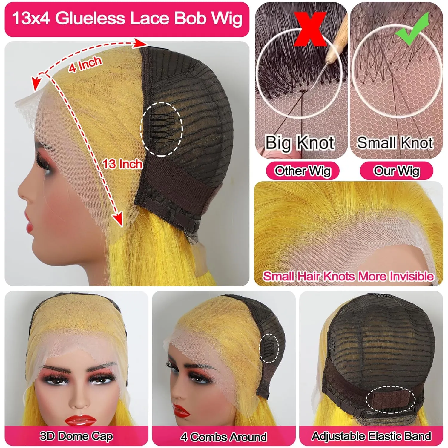 Straight Lace Front Bob Wig Human Hair Yellow Color 13x4 Short Straight Lace Bob Human Hair Wigs Pre Plucked With Baby Hair 180% Density Glueless Lace Bob Wig Invisible Small Hair Knots 10 Inch