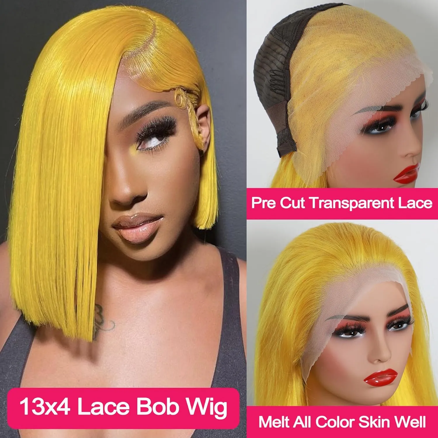 Straight Lace Front Bob Wig Human Hair Yellow Color 13x4 Short Straight Lace Bob Human Hair Wigs Pre Plucked With Baby Hair 180% Density Glueless Lace Bob Wig Invisible Small Hair Knots 10 Inch