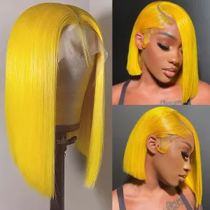 Straight Lace Front Bob Wig Human Hair Yellow Color 13x4 Short Straight Lace Bob Human Hair Wigs Pre Plucked With Baby Hair 180% Density Glueless Lace Bob Wig Invisible Small Hair Knots 10 Inch