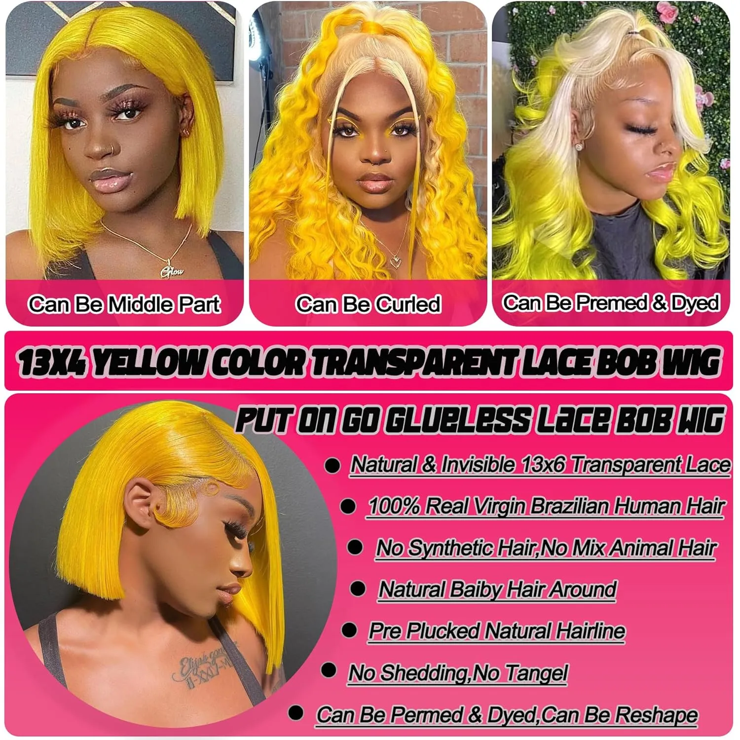 Straight Lace Front Bob Wig Human Hair Yellow Color 13x4 Short Straight Lace Bob Human Hair Wigs Pre Plucked With Baby Hair 180% Density Glueless Lace Bob Wig Invisible Small Hair Knots 10 Inch