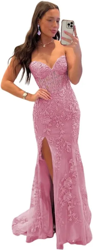 Strapless Lace Applique Mermaid Prom Dresses for Women 2025 Sweetheart Corset Long Evening Party Gowns QA124