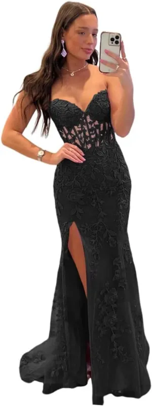 Strapless Lace Applique Mermaid Prom Dresses for Women 2025 Sweetheart Corset Long Evening Party Gowns QA124