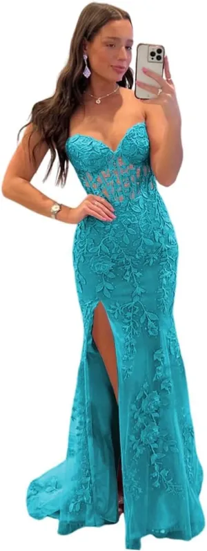 Strapless Lace Applique Mermaid Prom Dresses for Women 2025 Sweetheart Corset Long Evening Party Gowns QA124