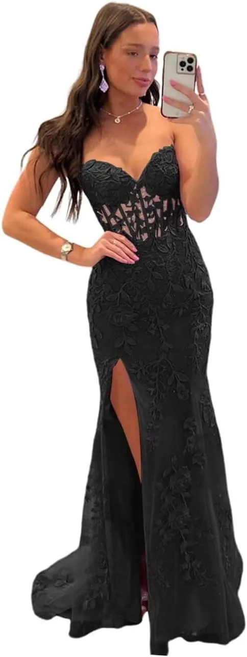 Strapless Lace Applique Mermaid Prom Dresses for Women 2025 Sweetheart Corset Long Evening Party Gowns QA124