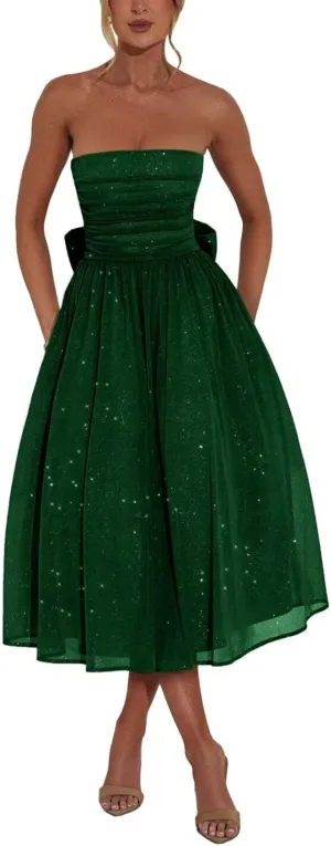 Strapless Sparkly Prom Dresses Ruched Tulle Bow Back Formal Wedding Guest Dress Sleeveless Backless Corset Cocktail Gown Aline Tea Length Emerald Green US6