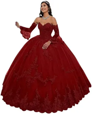 Strapless Tulle Quinceanera Dresses Detachable Long Sleeve Laces Appliques Prom Ball Gown for Women