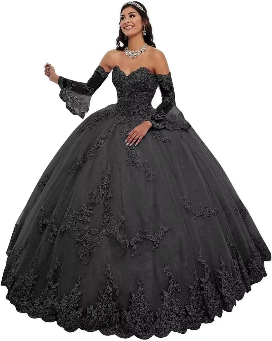 Strapless Tulle Quinceanera Dresses Detachable Long Sleeve Laces Appliques Prom Ball Gown for Women