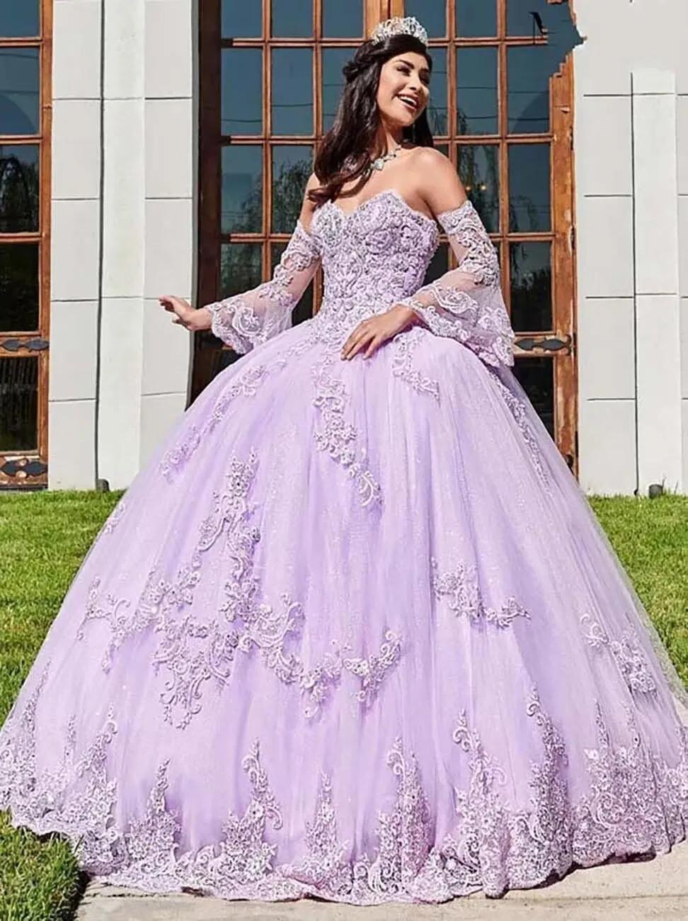 Strapless Tulle Quinceanera Dresses Detachable Long Sleeve Laces Appliques Prom Ball Gown for Women