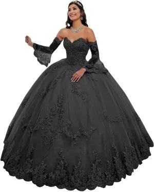 Strapless Tulle Quinceanera Dresses Detachable Long Sleeve Laces Appliques Prom Ball Gown for Women