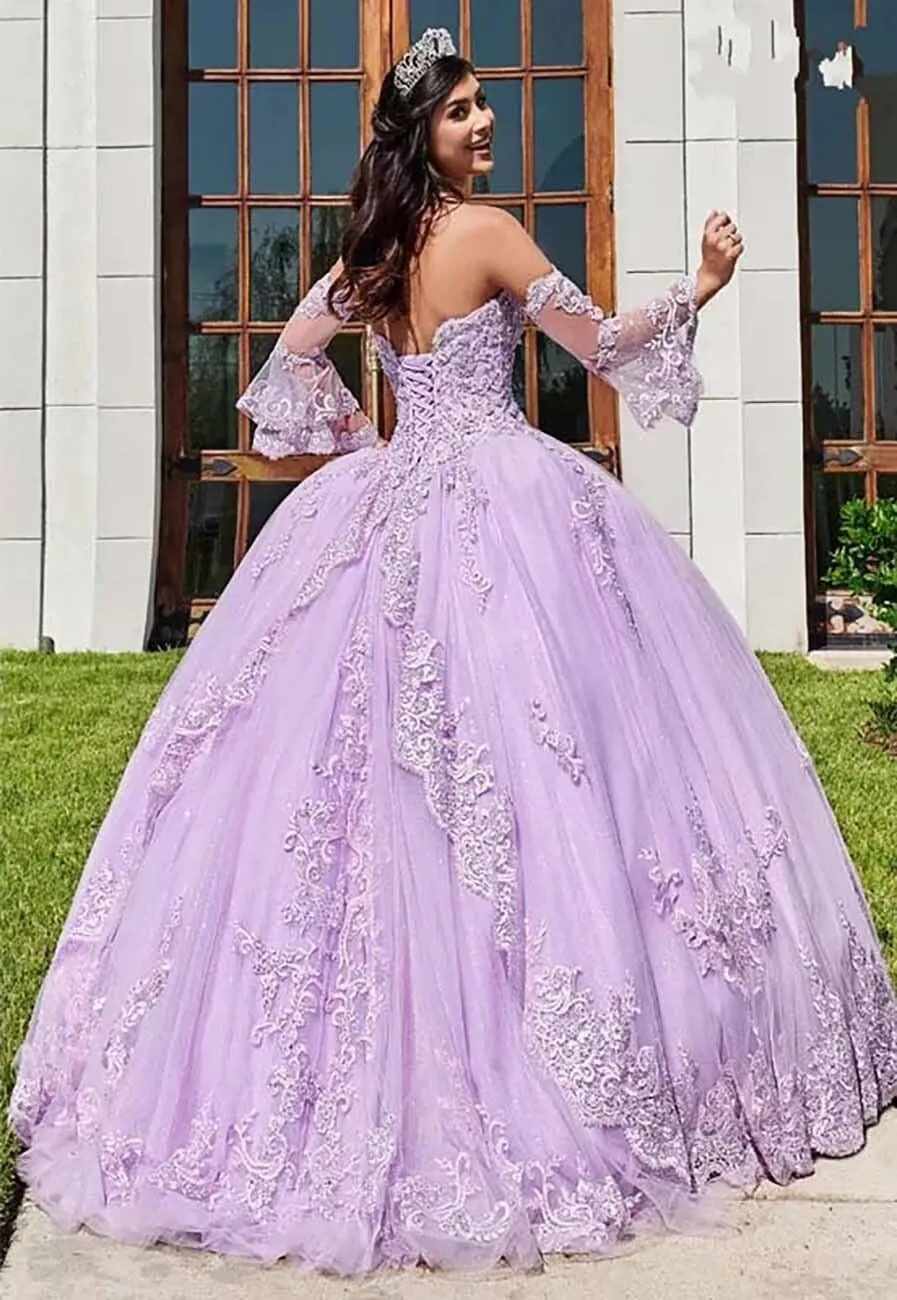 Strapless Tulle Quinceanera Dresses Detachable Long Sleeve Laces Appliques Prom Ball Gown for Women