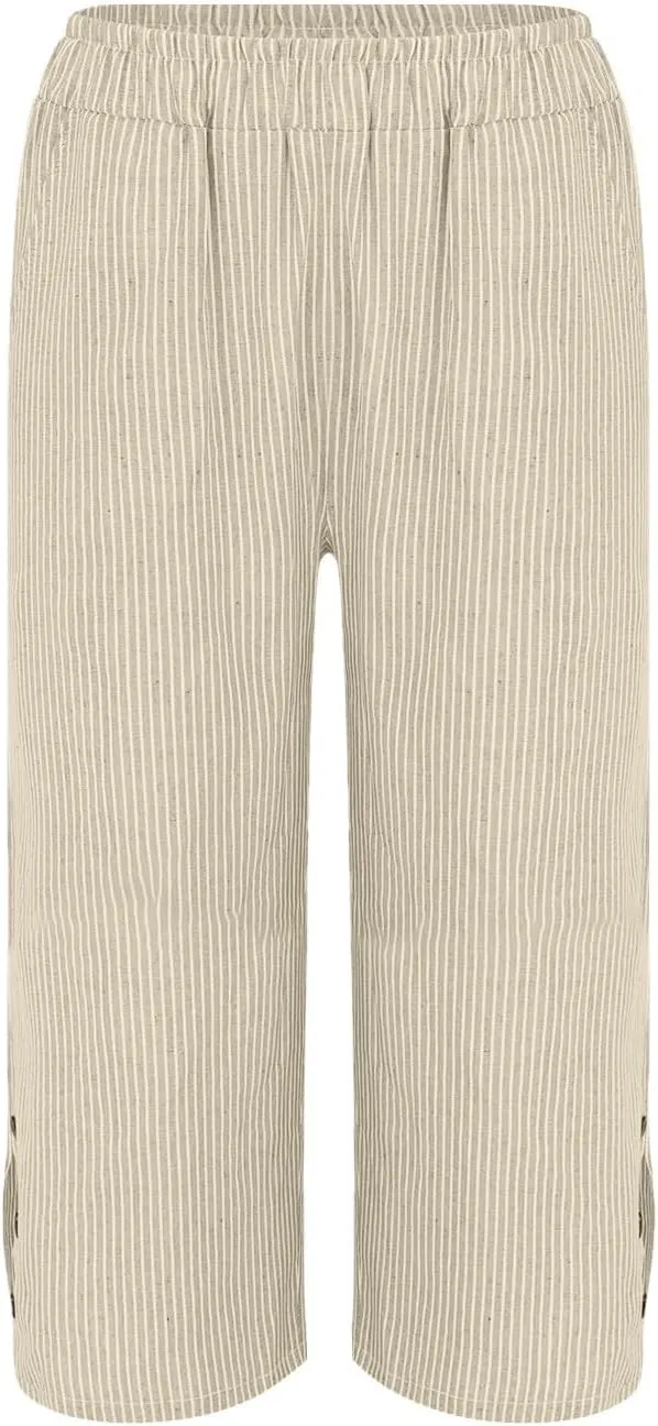 Stripe Cotton Linen Pants Casual 2025 Summer Drawstring Elastic High Waist Straight Plus Size Capri Pants