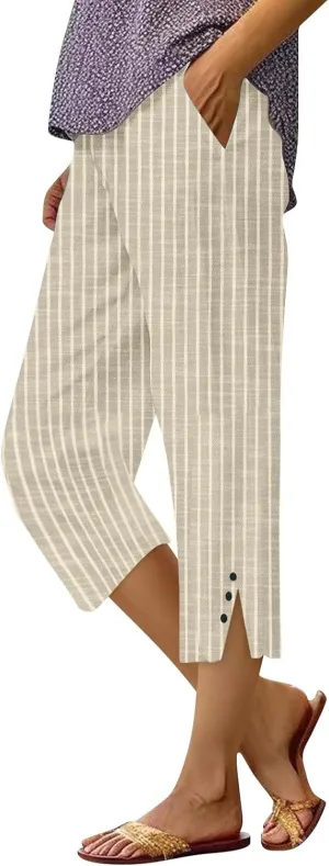 Stripe Cotton Linen Pants Casual 2025 Summer Drawstring Elastic High Waist Straight Plus Size Capri Pants