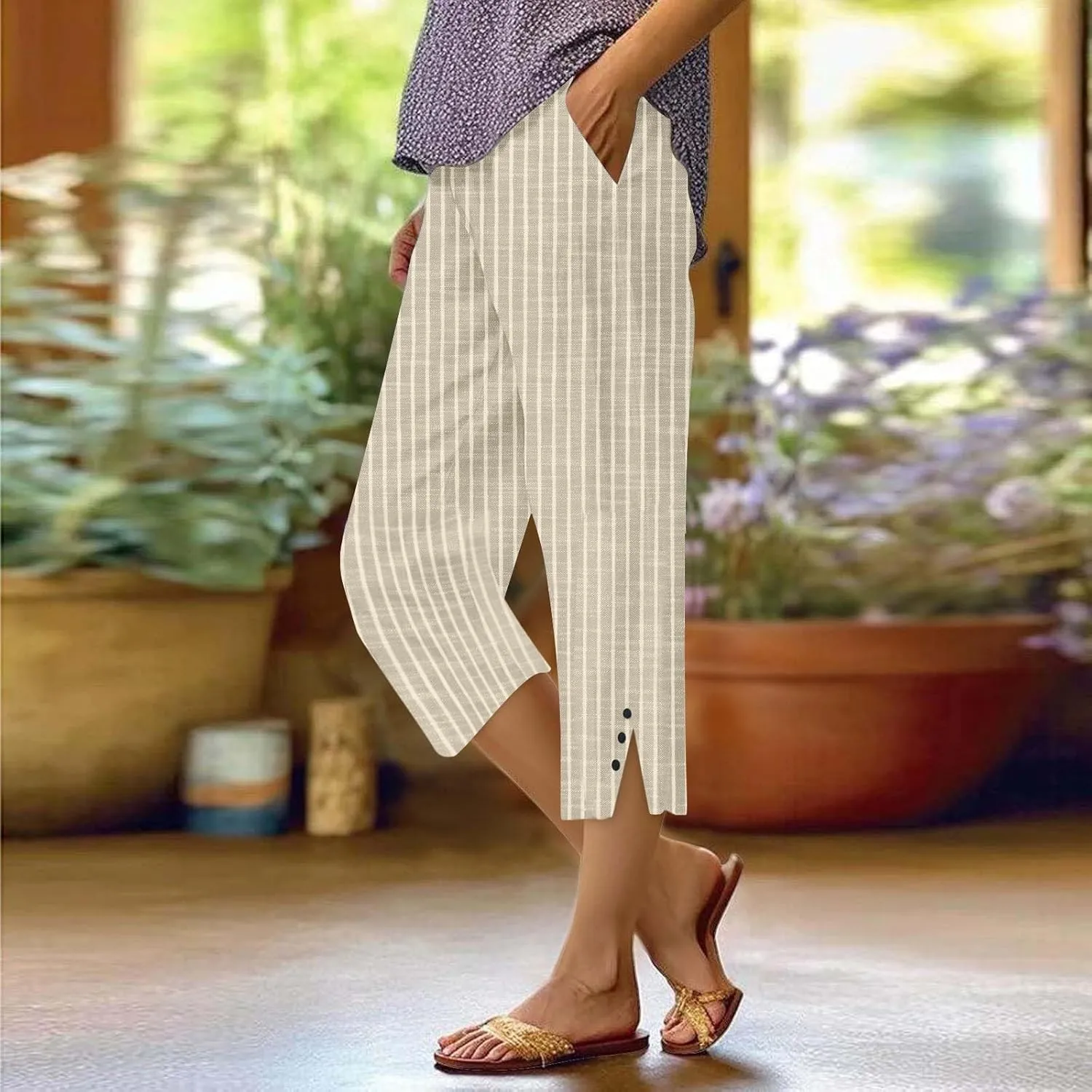 Stripe Cotton Linen Pants Casual 2025 Summer Drawstring Elastic High Waist Straight Plus Size Capri Pants