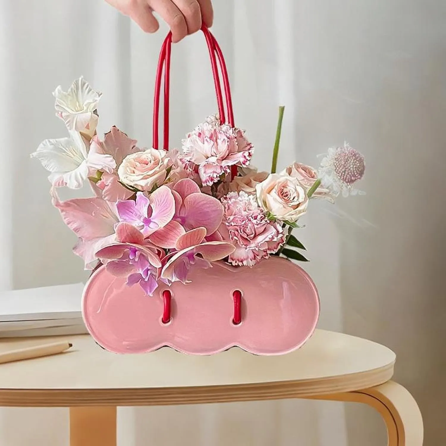 Stylish Ceramic Handbag Vase for Modern Home Decor, Pink