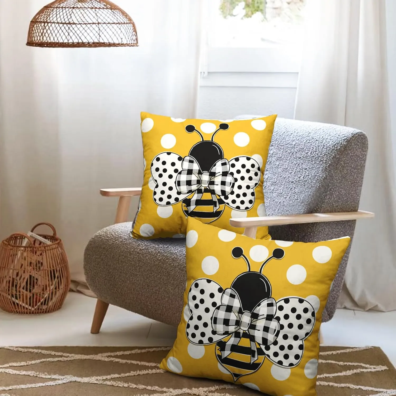 Summer Bee Pillow Covers 18x18 Set of 2 Bumblebee Polka Dots Spring Outdoor Throw Pillows Yellow Honey Bee Farmhouse Decorative Cushion Cover for Sofa Chair Patio Bed Couch
