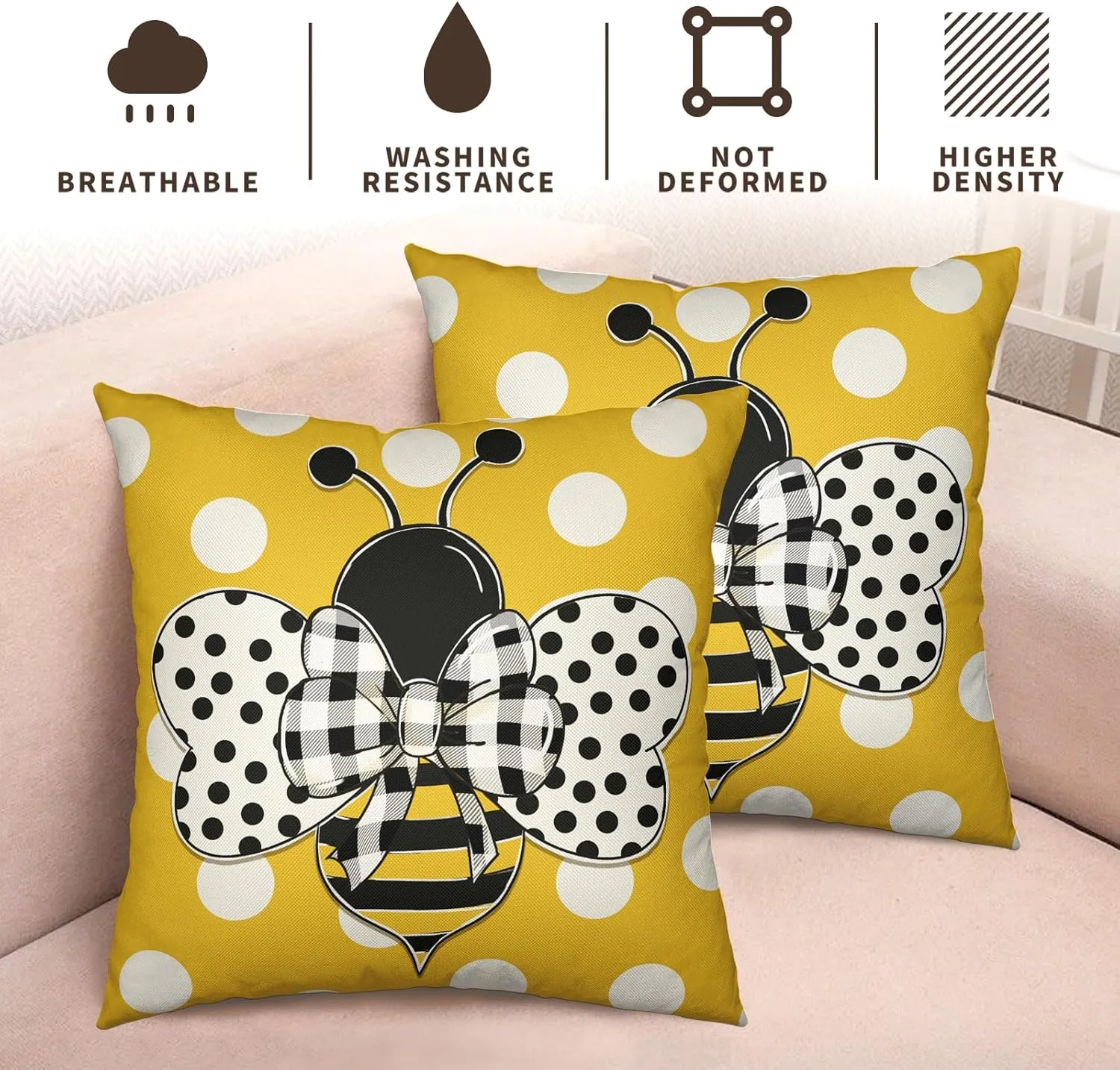 Summer Bee Pillow Covers 18x18 Set of 2 Bumblebee Polka Dots Spring Outdoor Throw Pillows Yellow Honey Bee Farmhouse Decorative Cushion Cover for Sofa Chair Patio Bed Couch
