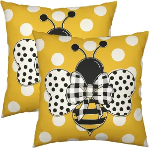 Summer Bee Pillow Covers 18x18 Set of 2 Bumblebee Polka Dots Spring Outdoor Throw Pillows Yellow Honey Bee Farmhouse Decorative Cushion Cover for Sofa Chair Patio Bed Couch