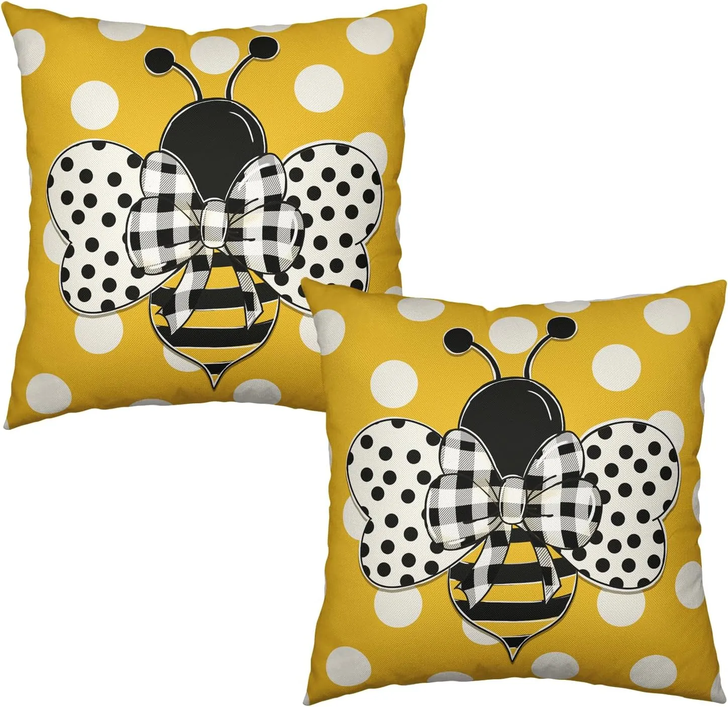 Summer Bee Pillow Covers 18x18 Set of 2 Bumblebee Polka Dots Spring Outdoor Throw Pillows Yellow Honey Bee Farmhouse Decorative Cushion Cover for Sofa Chair Patio Bed Couch