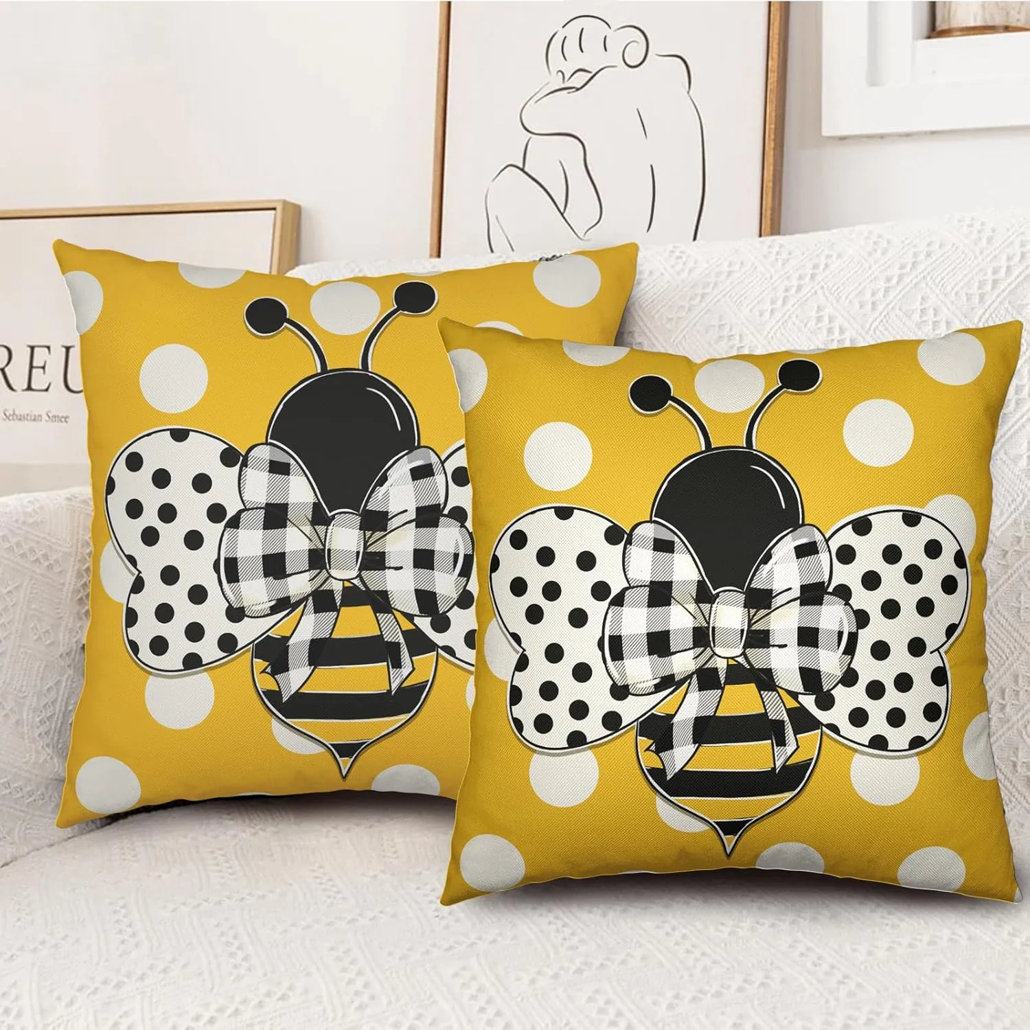 Summer Bee Pillow Covers 18x18 Set of 2 Bumblebee Polka Dots Spring Outdoor Throw Pillows Yellow Honey Bee Farmhouse Decorative Cushion Cover for Sofa Chair Patio Bed Couch