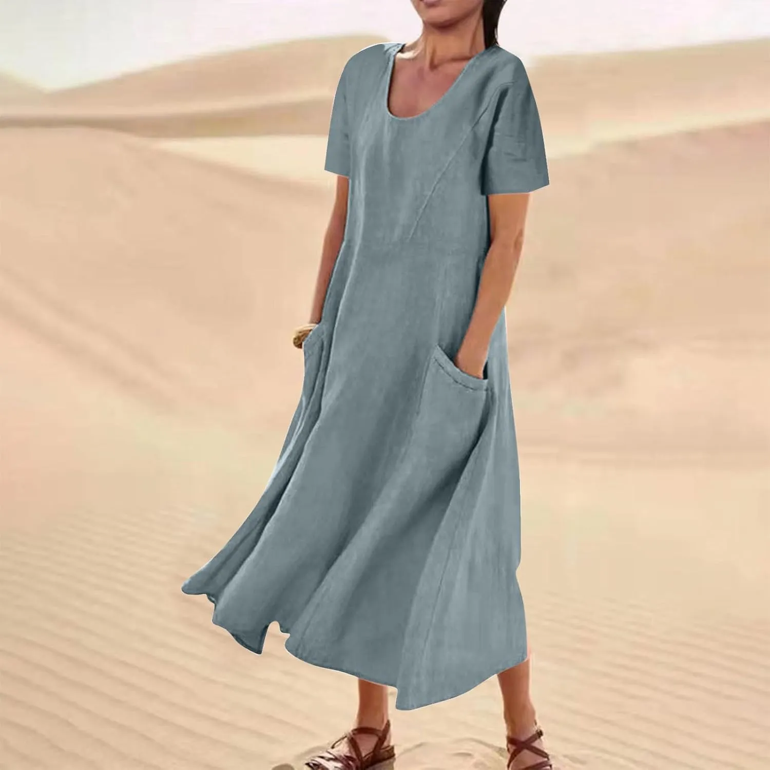 Summer Dresses for Women 2025 Vacation Trendy Short Sleeve Crew Neck Sundress Loose Flowy Beach Linen Maxi Dress
