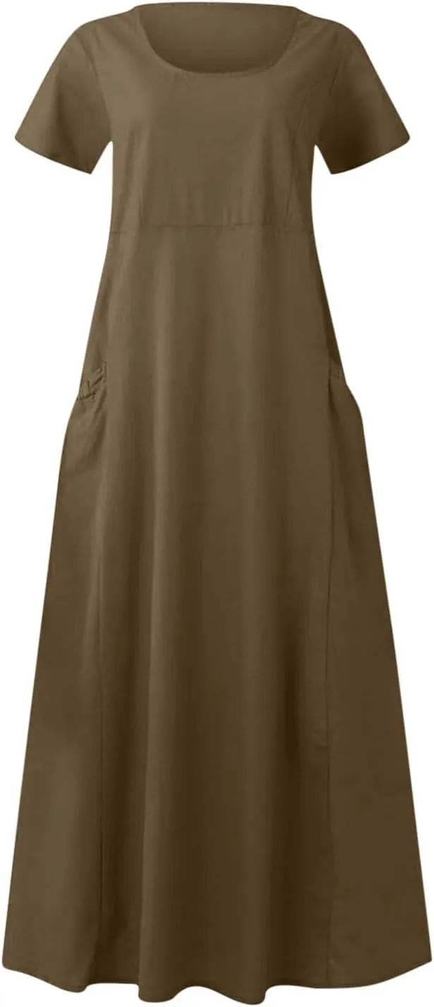 Summer Dresses for Women 2025 Vacation Trendy Short Sleeve Crew Neck Sundress Loose Flowy Beach Linen Maxi Dress