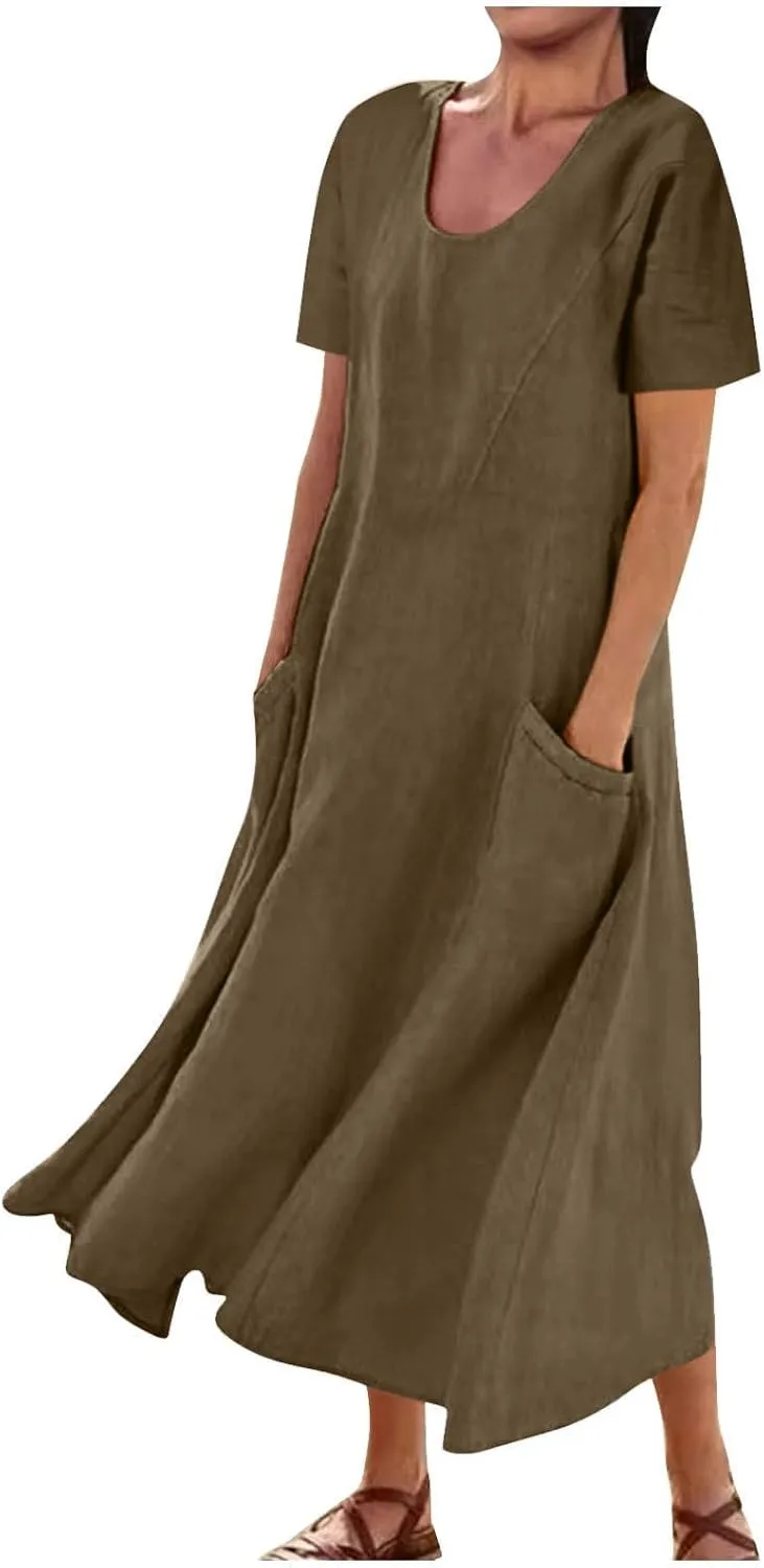 Summer Dresses for Women 2025 Vacation Trendy Short Sleeve Crew Neck Sundress Loose Flowy Beach Linen Maxi Dress
